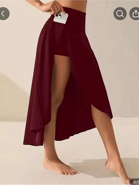 TEMU Plus Size Burgundy Ankle Length Stretchy Skirt with Built in Shorts